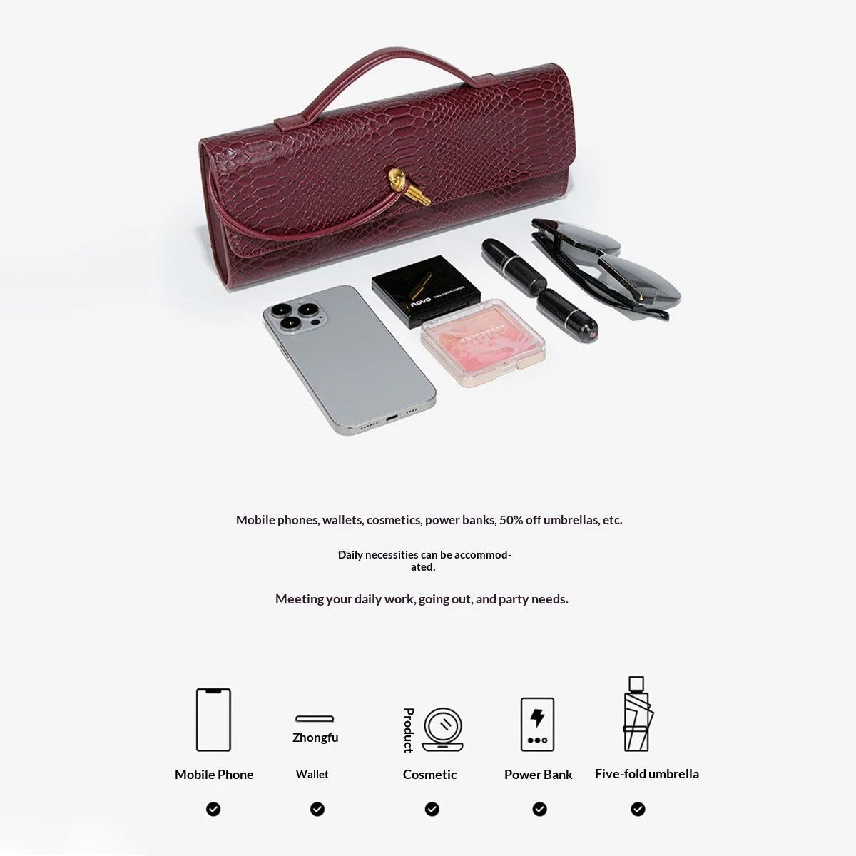 Crocodile-patterned fashionable women's handbag, vintage baguette bag, party bag, evening bag, everyday shoulder/crossbody bag.