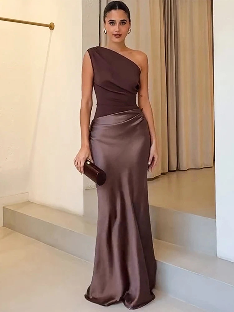 One-Shoulder Patchwork Satin Maxi Dress Women Sleeveless High Waist Slim Long Dresses Elegant Wedding Guest Party Dress Clubwear