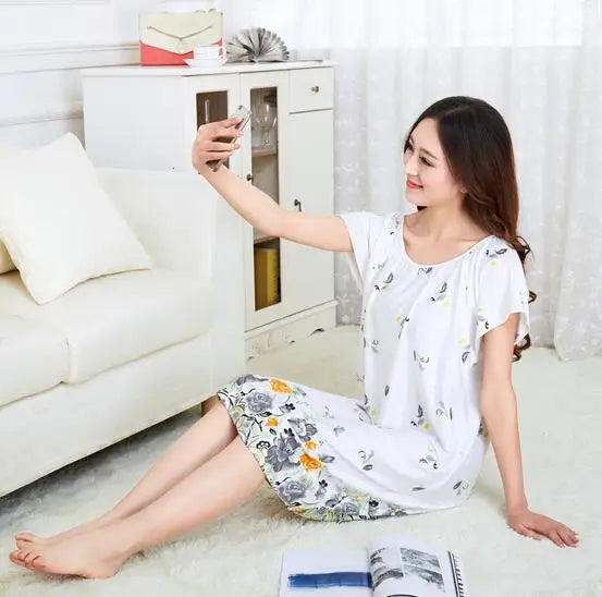 Lounge Printed Nightgowns Woman New Cotton Silk Nightwear Summer Dress Casual Loose Women Night Dress Sleepwear Sleep Shirts