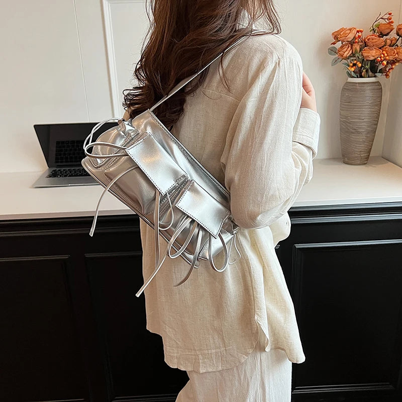 LEFTSIDE Double Pockets Design PU Leather Shoulder Bags For Women 2025 New Fashion Trend Crossbody Bag Females Silver Handbags