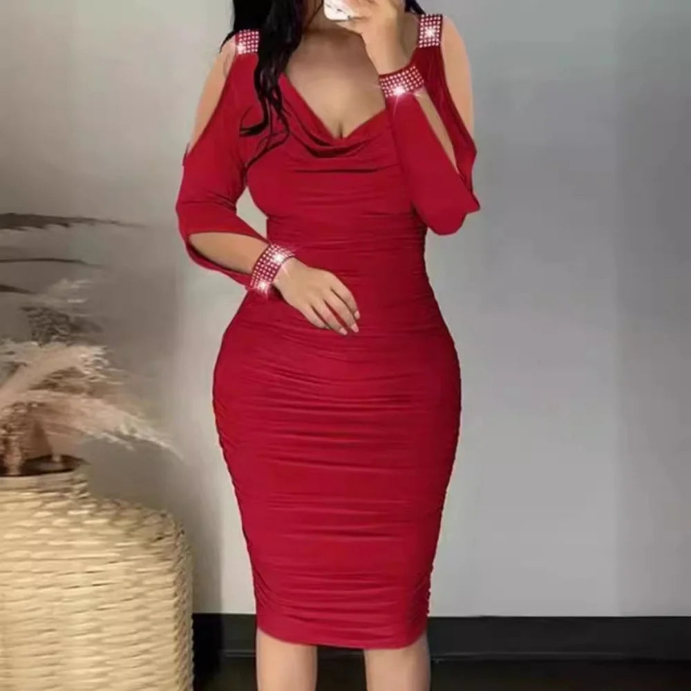 Tight Dresses Ladies Sexy Fashion Solid Color Clothes V-Neck Women's Pleated Wraps Hips Diamond-Encrusted Bare Shoulder Dress
