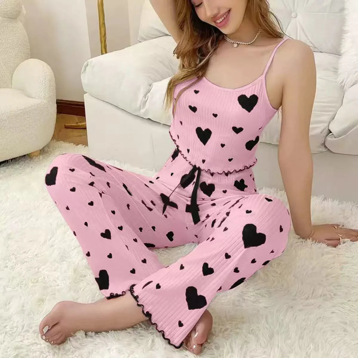 Women's Outdoor-Friendly Loungewear Set Heart Ribbed Camisole Knit Vest Pants Pajama Two-Piece