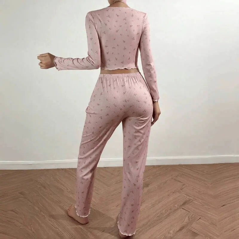 European and American hot-selling loungewear printed trousers long sleeves can be worn outside women's pajamas two-piece set