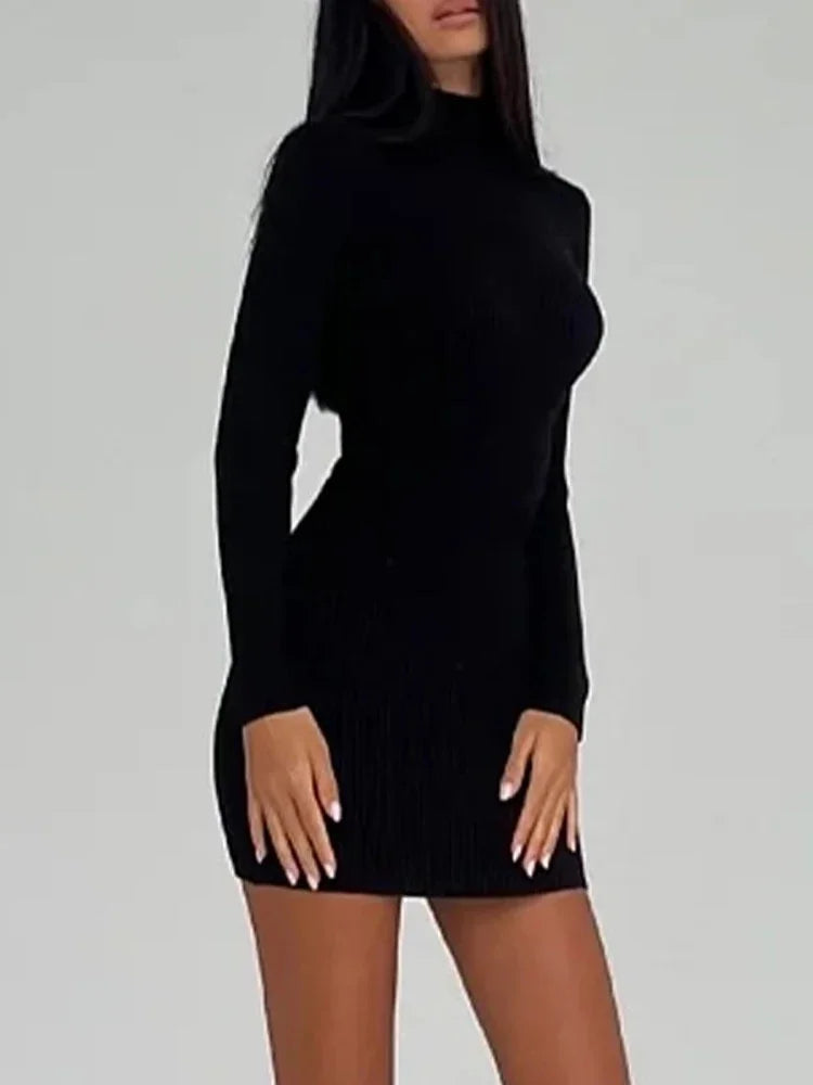 Women Knitted Dress Elegant Fashion White Turtleneck Bodycon Midi Dresses Female Autumn Winter Long Sleeve Slim Streetwear Dress
