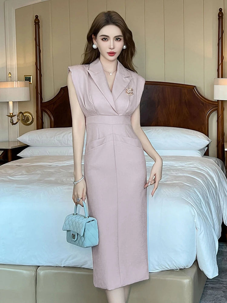 Summer Work Style Business Formal Pencil Dress Women Clothes Elegant Office Commute Solid Sleeveless Slim Party Vestidos Fiesta