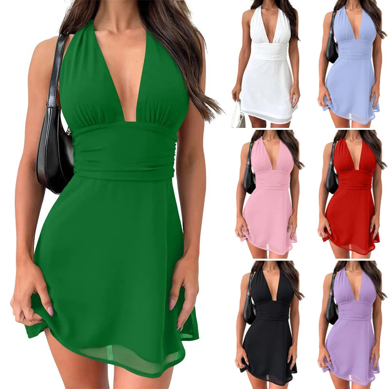 Sexy Backless Halter Women’s Dress 2025 Lace Up Bodycon Sleeveless Party Club Short Mini Dress Occas Dres Elegant Female Clothe