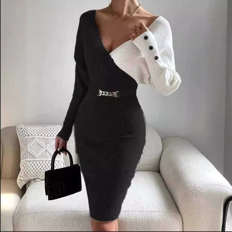 Autumn and winter new V-neck women's clothing patchwork fashionable slim fit and sexy hip hugging knit jumpsuit