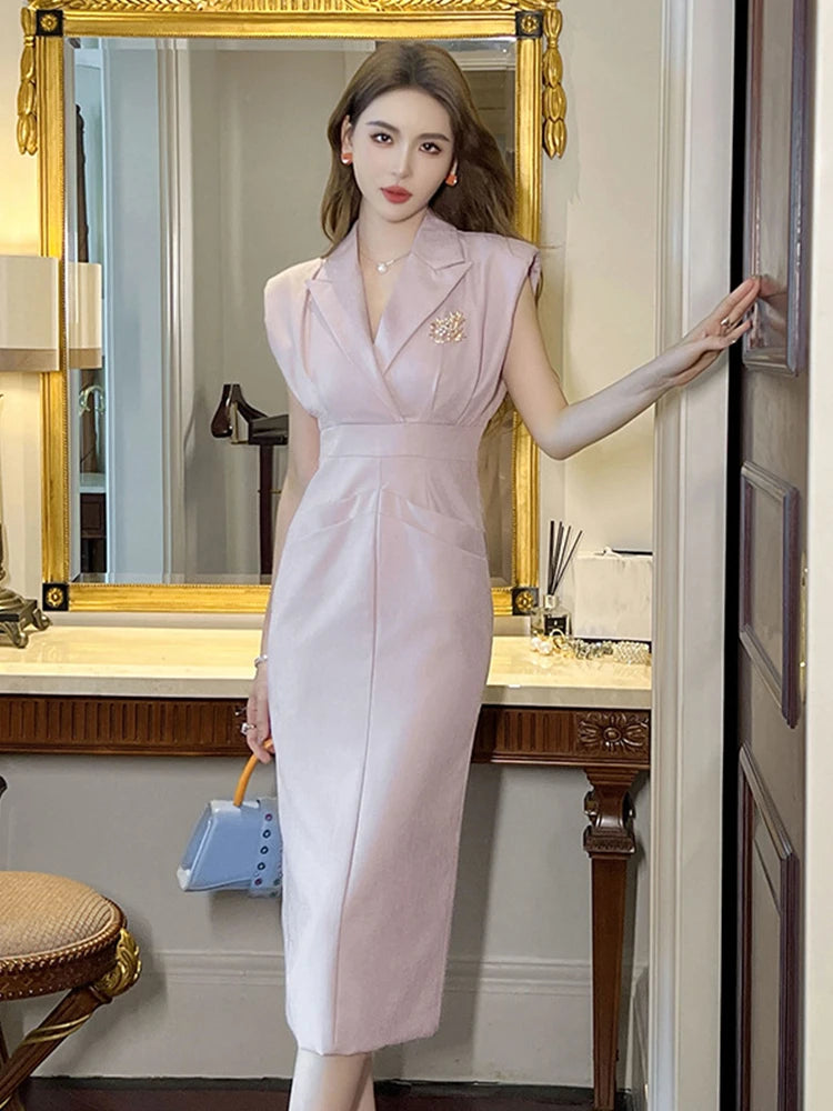 Summer Work Style Business Formal Pencil Dress Women Clothes Elegant Office Commute Solid Sleeveless Slim Party Vestidos Fiesta