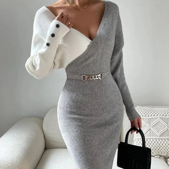 Autumn and winter new V-neck women's clothing patchwork fashionable slim fit and sexy hip hugging knit jumpsuit