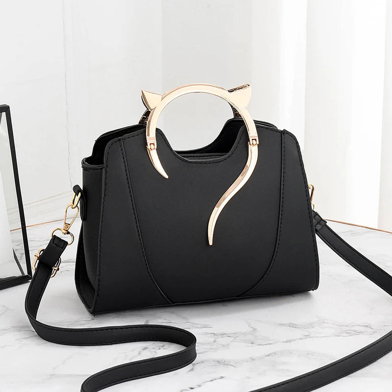 Cat Shaped Handle Women Handbag Trendy And Fashionable, Solid Color, Simple And Casual Crossbody Shoulder Shell Bag