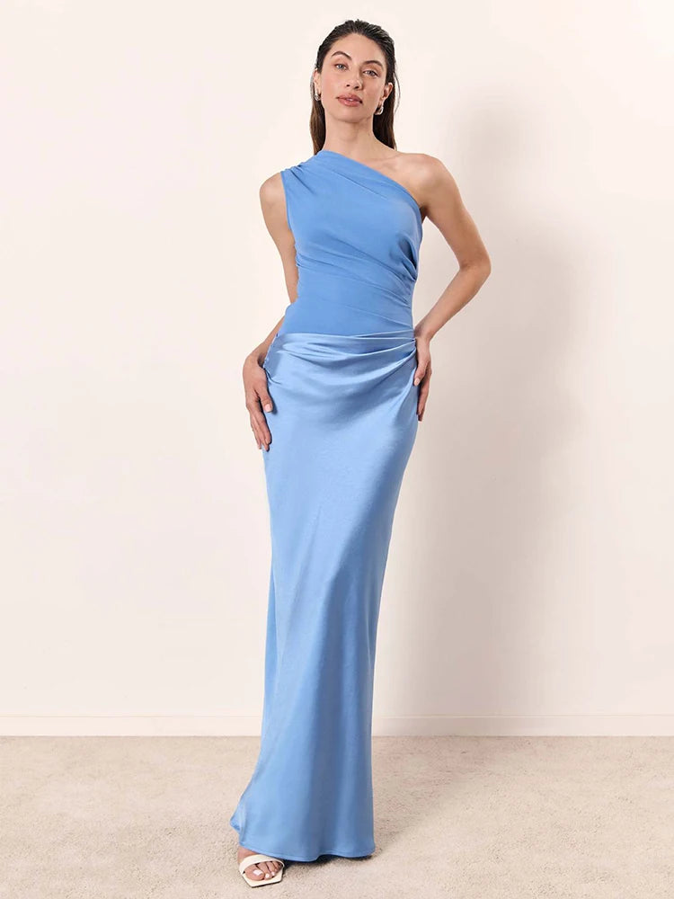One-Shoulder Patchwork Satin Maxi Dress Women Sleeveless High Waist Slim Long Dresses Elegant Wedding Guest Party Dress Clubwear