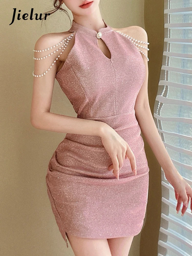 Jielur Purple Sexy Chain Tight Hip Chic Female Dresses Solid Color Hollow Out Sleeveless Y2k Fashion Women's Dress Party Club