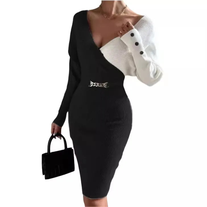 Autumn and winter new V-neck women's clothing patchwork fashionable slim fit and sexy hip hugging knit jumpsuit