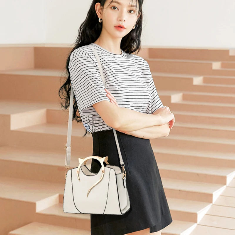Cat Shaped Handle Women Handbag Trendy And Fashionable, Solid Color, Simple And Casual Crossbody Shoulder Shell Bag