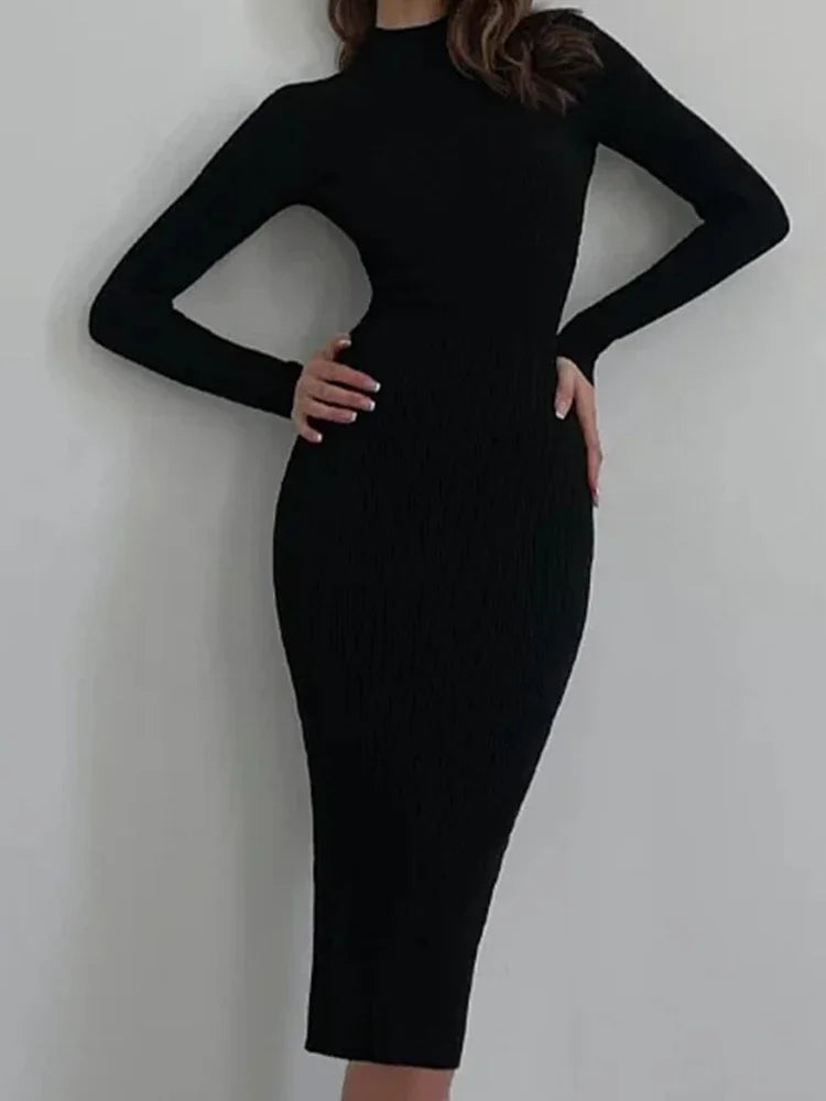 Women Knitted Dress Elegant Fashion White Turtleneck Bodycon Midi Dresses Female Autumn Winter Long Sleeve Slim Streetwear Dress