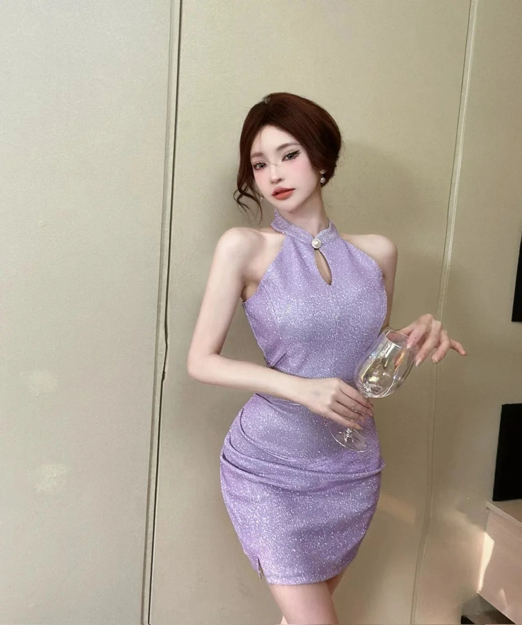 Jielur Purple Sexy Chain Tight Hip Chic Female Dresses Solid Color Hollow Out Sleeveless Y2k Fashion Women's Dress Party Club