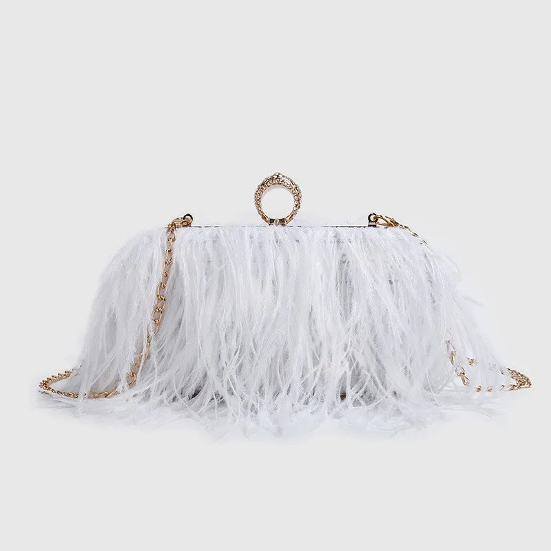 Multicolored Ostrich Feather Purse Clutch Bag Evening Hand Purse With Knuckle Ring Purple/Pink/White/Black Purse