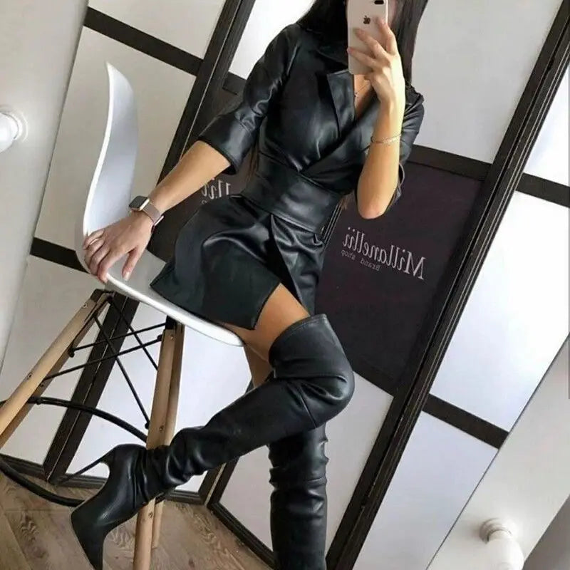 Autumn Winter High-waisted Street Solid Color Pu Leather Suit Collar Long-sleeved Women Dress Leather Jacket Including Belt