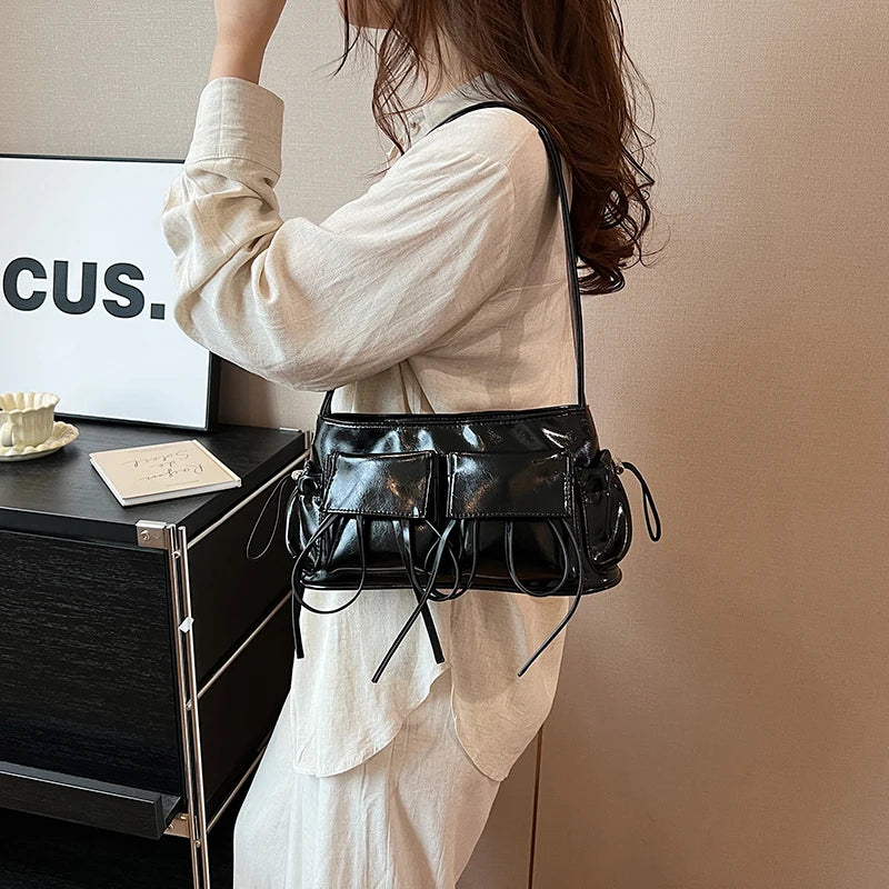 LEFTSIDE Double Pockets Design PU Leather Shoulder Bags For Women 2025 New Fashion Trend Crossbody Bag Females Silver Handbags