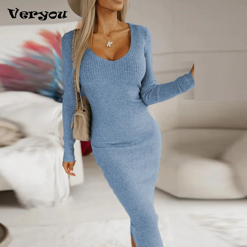 Sexy Bodycon Dress Women Elegant Solid Long Sleeve Knitted Dresses For Women Fashion  V Neck Slim Party Dress Black