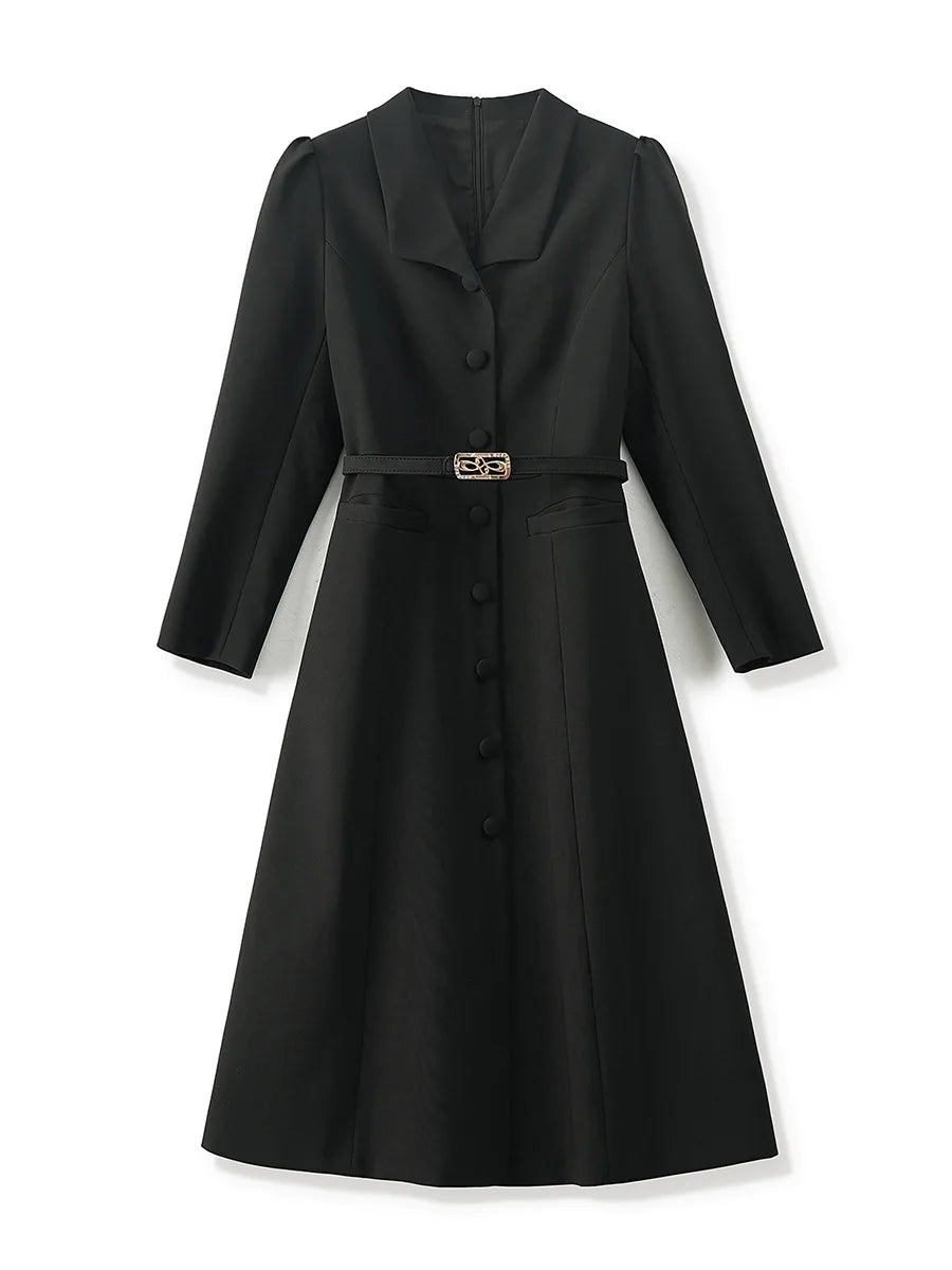 Dresses For Women 2024 Luxury Brand Autumn Long Dress Women's Turn-down Collar Sleeves Single Breasted Sashes Office Lady