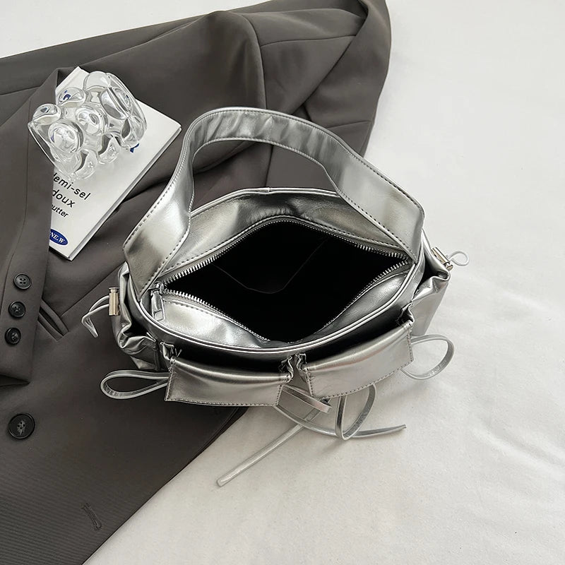 LEFTSIDE Double Pockets Design PU Leather Shoulder Bags For Women 2025 New Fashion Trend Crossbody Bag Females Silver Handbags