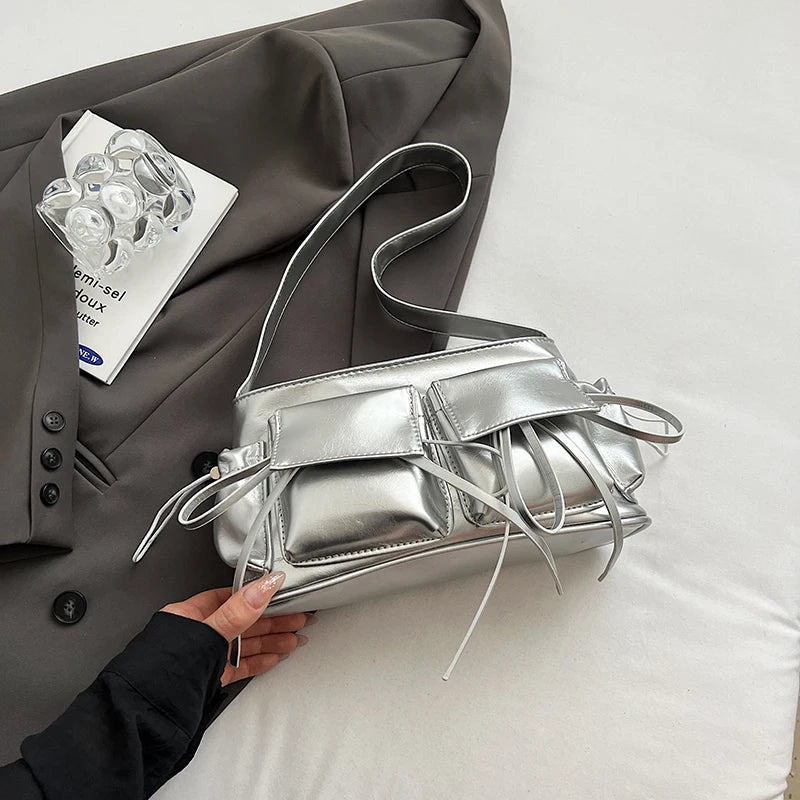 LEFTSIDE Double Pockets Design PU Leather Shoulder Bags For Women 2025 New Fashion Trend Crossbody Bag Females Silver Handbags