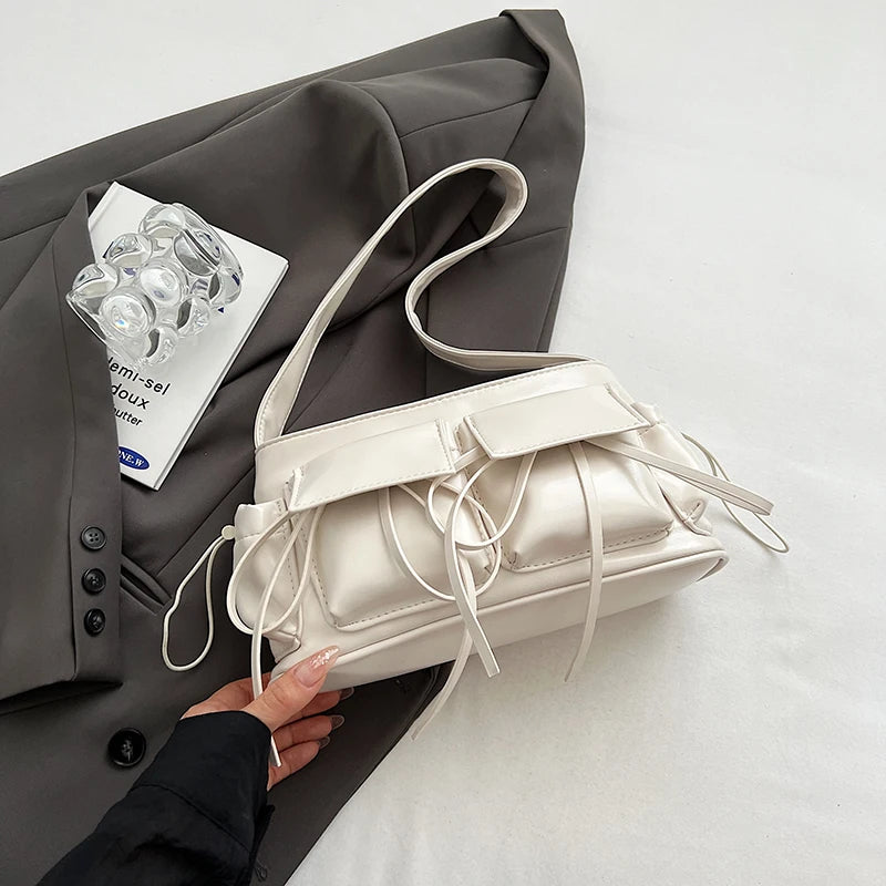 LEFTSIDE Double Pockets Design PU Leather Shoulder Bags For Women 2025 New Fashion Trend Crossbody Bag Females Silver Handbags