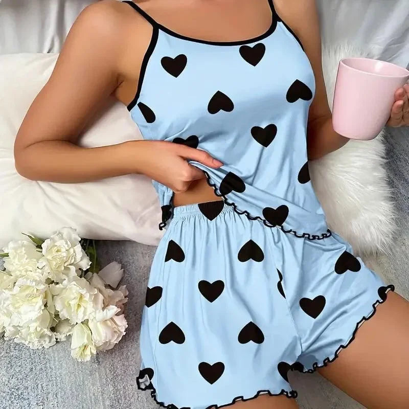 Women Loungewear Summer 2 Pieces Pajamas Set Sexy Casual Camisole Crop Tops and Shorts Homewear Suit Sleepwear