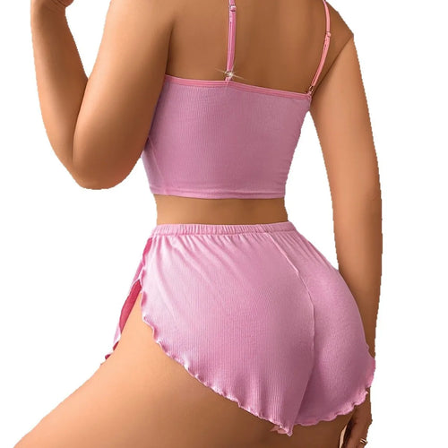 2025 Women's Casual Home Lounge Set Two Piece Solid Color Lace Trim Sleepwear Shorts & Ribbed Top Comfortable Homewear Outfits