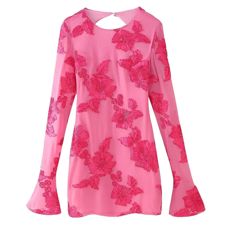 Sexy Backless Floral Mesh Mini Dress Women Elegant Flared Sleeve Bodycon Party Dresses Fashion Slim Fit Embroidered Short Dress