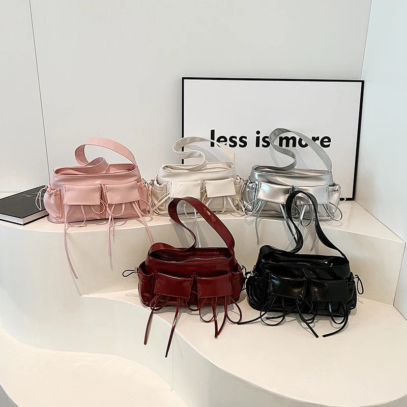 LEFTSIDE Double Pockets Design PU Leather Shoulder Bags For Women 2025 New Fashion Trend Crossbody Bag Females Silver Handbags