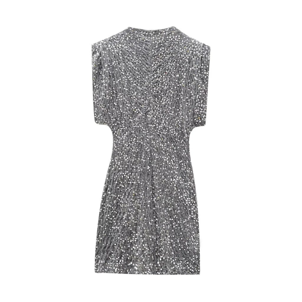 KONDALA 2025 Women Sequined Party Dress Shoulder Pad Sheath Mini Dress Sleeveless Nightclub Party Women Elegant Chic Dresses