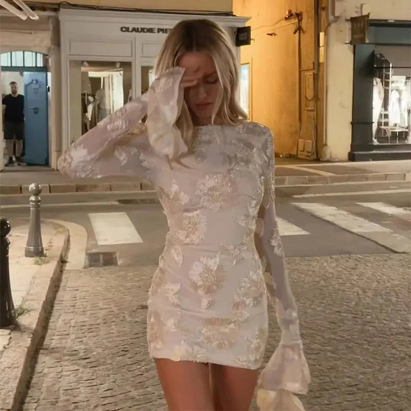 Sexy Backless Floral Mesh Mini Dress Women Elegant Flared Sleeve Bodycon Party Dresses Fashion Slim Fit Embroidered Short Dress