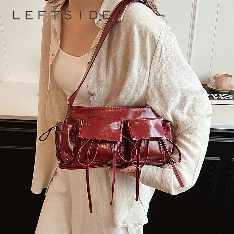 LEFTSIDE Double Pockets Design PU Leather Shoulder Bags For Women 2025 New Fashion Trend Crossbody Bag Females Silver Handbags