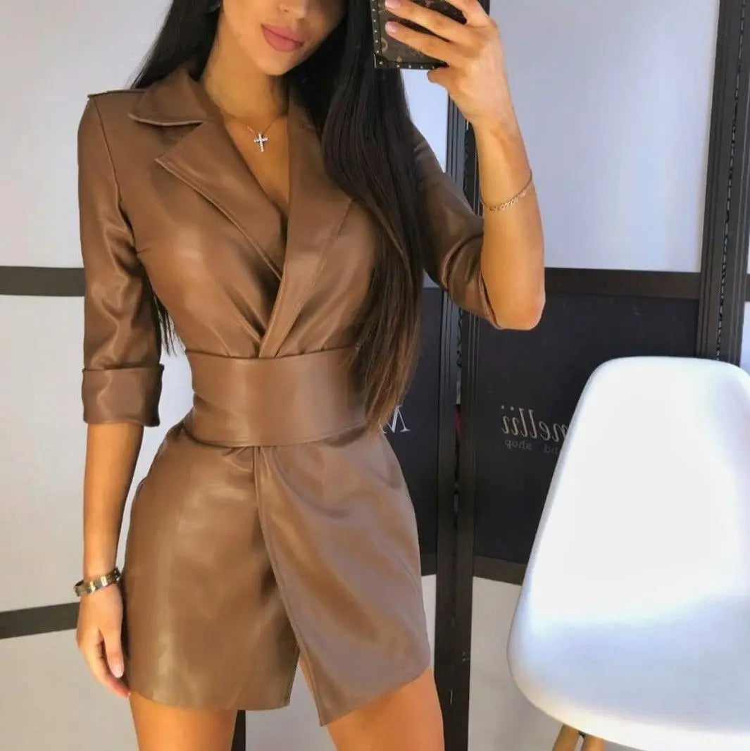 Autumn Winter High-waisted Street Solid Color Pu Leather Suit Collar Long-sleeved Women Dress Leather Jacket Including Belt