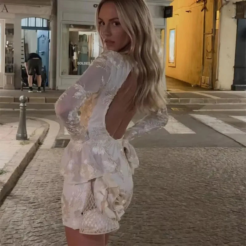 Sexy Backless Floral Mesh Mini Dress Women Elegant Flared Sleeve Bodycon Party Dresses Fashion Slim Fit Embroidered Short Dress