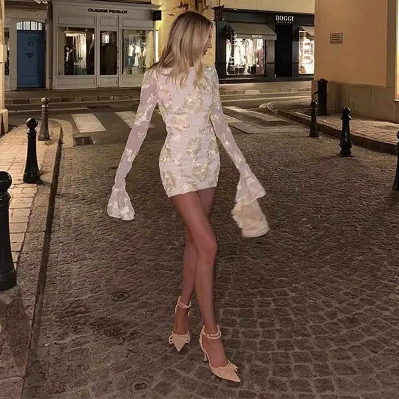 Sexy Backless Floral Mesh Mini Dress Women Elegant Flared Sleeve Bodycon Party Dresses Fashion Slim Fit Embroidered Short Dress