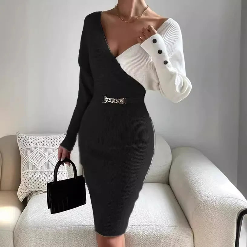 Autumn and winter new V-neck women's clothing patchwork fashionable slim fit and sexy hip hugging knit jumpsuit