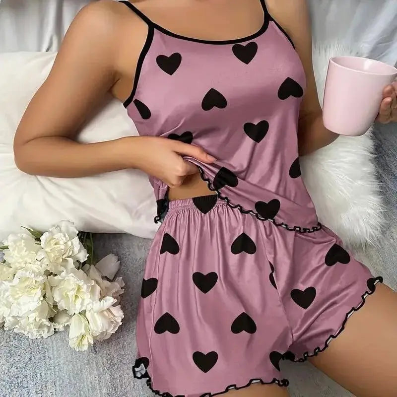Women Loungewear Summer 2 Pieces Pajamas Set Sexy Casual Camisole Crop Tops and Shorts Homewear Suit Sleepwear