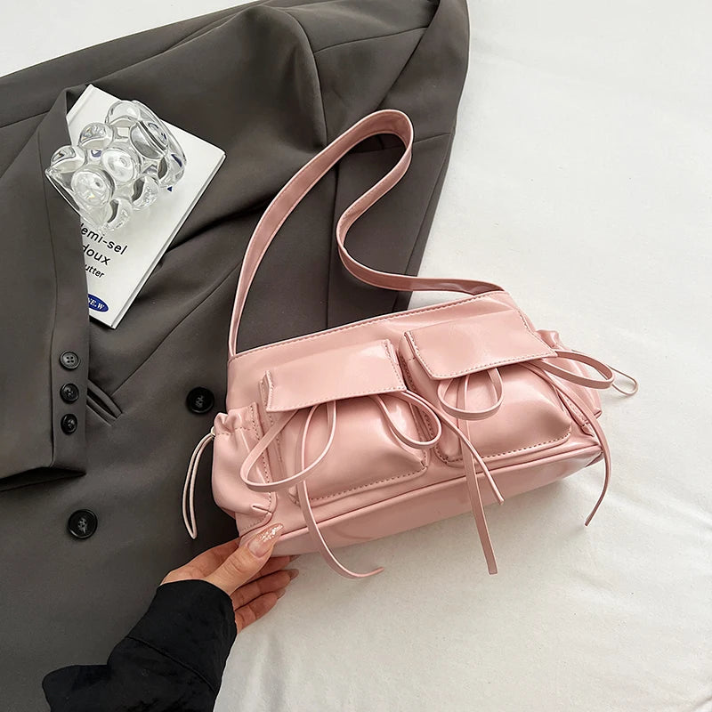 LEFTSIDE Double Pockets Design PU Leather Shoulder Bags For Women 2025 New Fashion Trend Crossbody Bag Females Silver Handbags