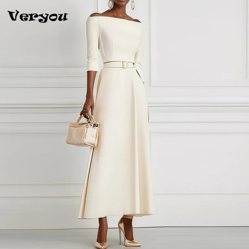 Elegant Party Dresses For Women One Shoulder Half Sleeve High Waisted A-Line Long Dress Women Offfice Dress White