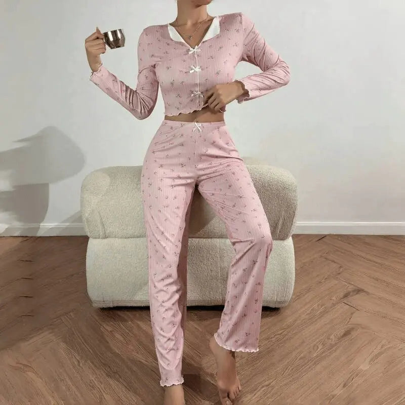 European and American hot-selling loungewear printed trousers long sleeves can be worn outside women's pajamas two-piece set