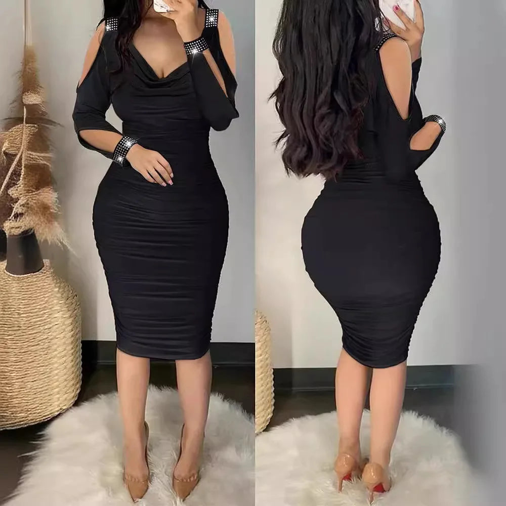 Tight Dresses Ladies Sexy Fashion Solid Color Clothes V-Neck Women's Pleated Wraps Hips Diamond-Encrusted Bare Shoulder Dress